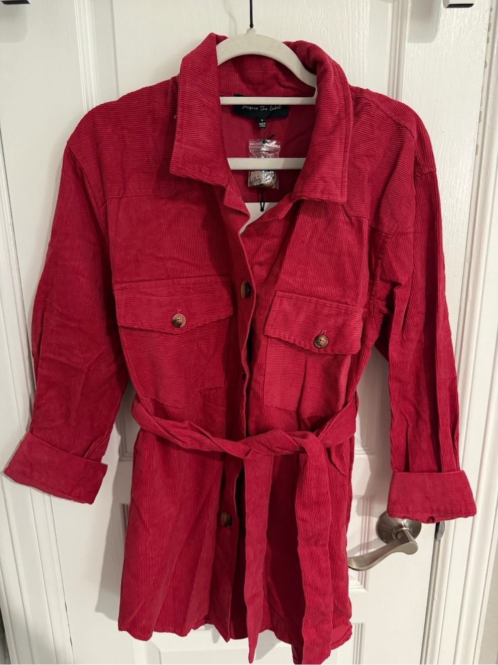 Jacqui E Bright Red Corduroy Utility Jacket with Tie Waist